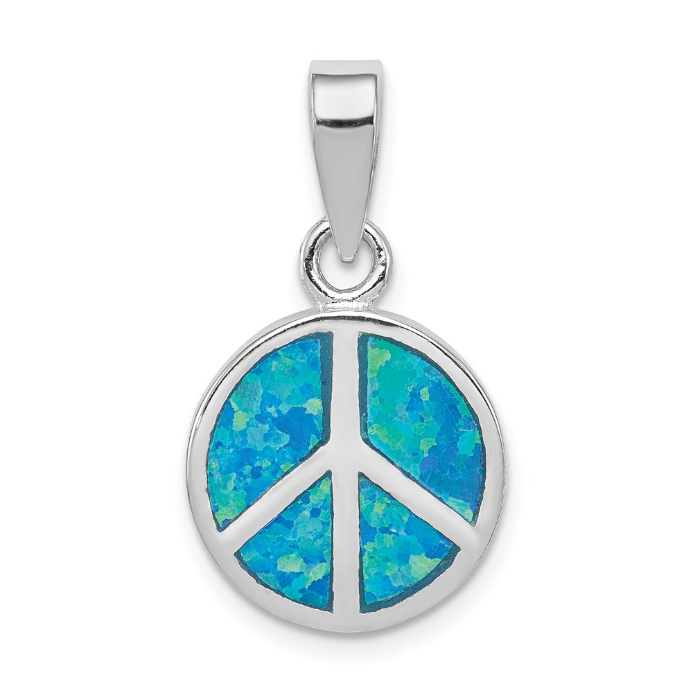 Sterling Silver Rhodium-plated Blue Inlay Created Opal Peace Sign Pendant, 18 x 14 mm