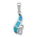 Sterling Silver Rhod-plated CZ Blue Inlay Created Opal Twisted Pendant, 20 x 10 mm