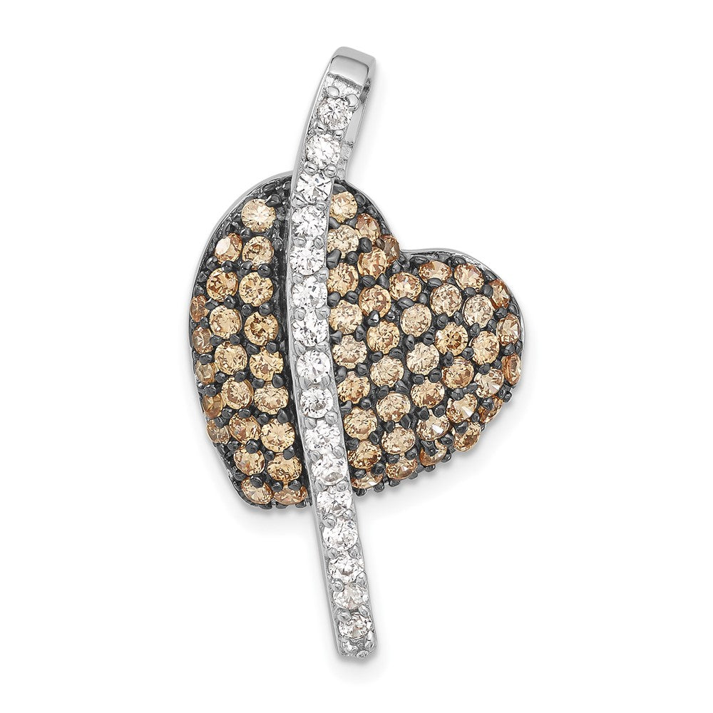 Sterling Silver w/ Black Rhodium Champagne & Clear CZ Heart Pendant, 33 x 18.35 mm