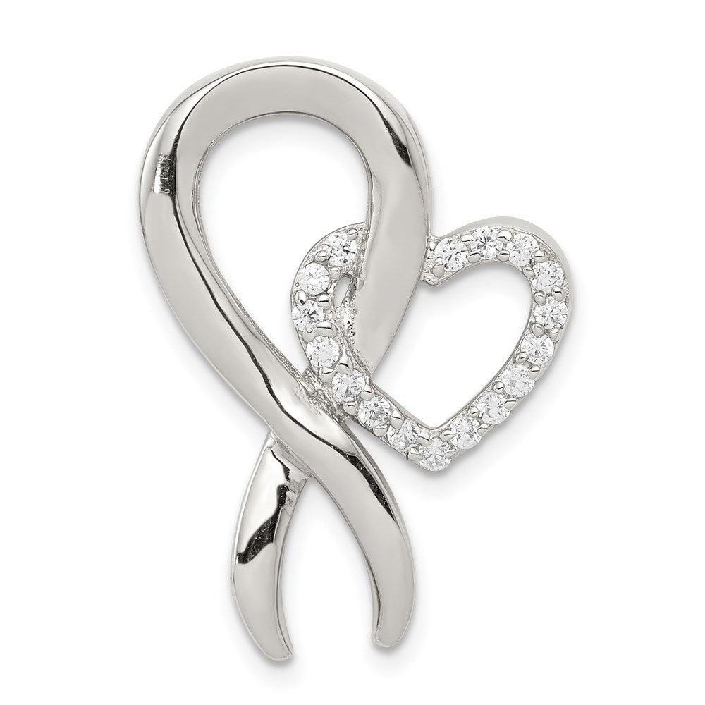 Sterling Silver Rhod-plated CZ Heart/Breast Cancer Ribbon Chain Slide, 28 x 20 mm