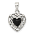 Sterling Silver Filigree Frame Onyx Heart Antiqued Heart Pendant, 18 x 14 mm