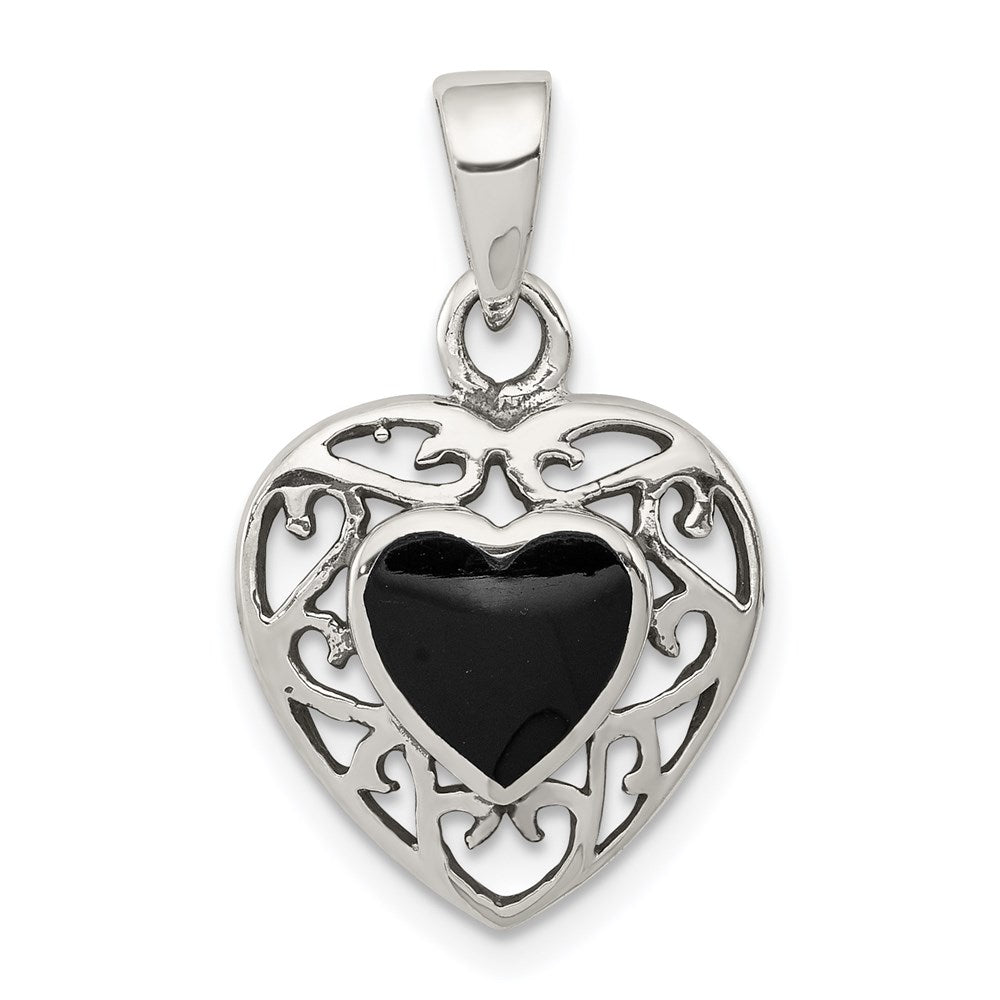 Sterling Silver Filigree Frame Onyx Heart Antiqued Heart Pendant, 18 x 14 mm