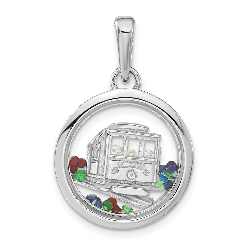 Sterling Silver Rhodium-plated Cable Car & Floating Glass Beads Pendant, 29 x 19 mm