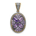 Sterling Silver and Flash Gold-plated with Black Rhodium Polished and Antiqued Purple CZ Flower Oval Pendant, 35 x 18.3 mm