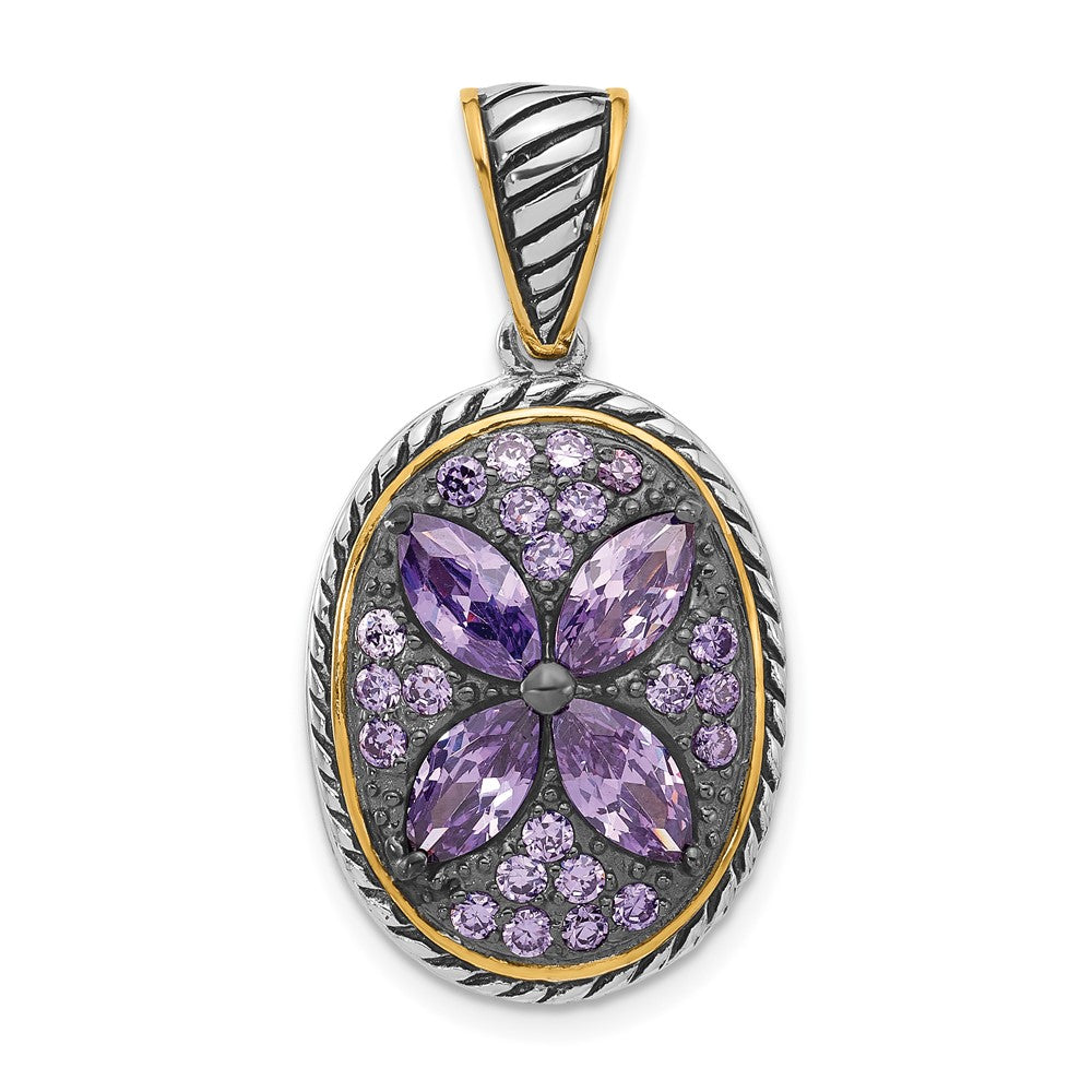 Sterling Silver and Flash Gold-plated with Black Rhodium Polished and Antiqued Purple CZ Flower Oval Pendant, 35 x 18.3 mm