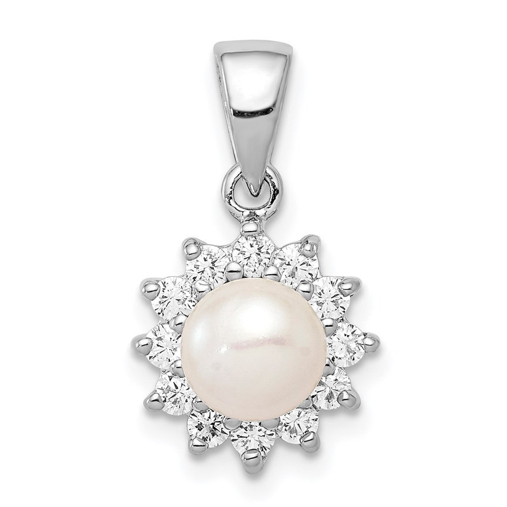 Sterling Silver Rhodium Plated FW Cultured Pearl & CZ Pendant, 0.417 ct, 21.5 x 12 mm