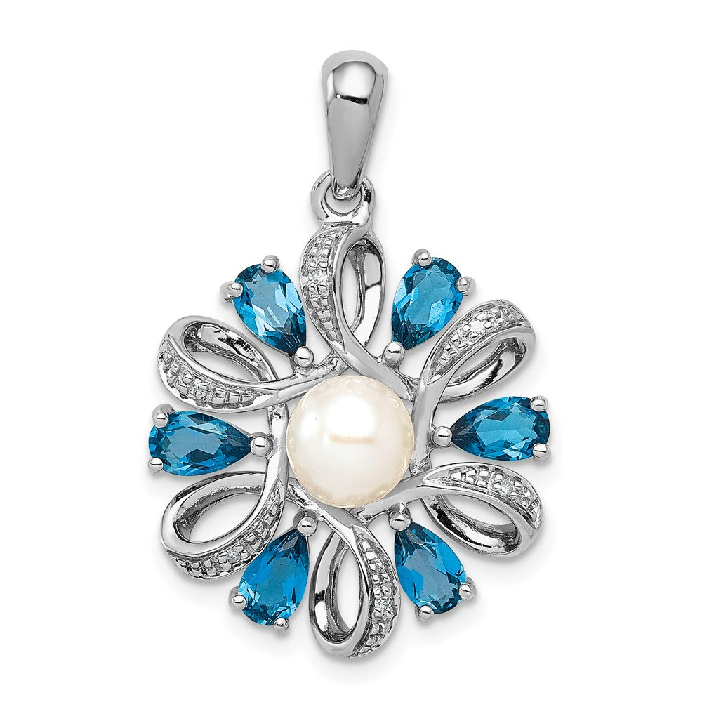 Sterling Silver Rhodium Plated Dia. and London BT Flower Pendant, 1.519 ct, 31 x 19 mm