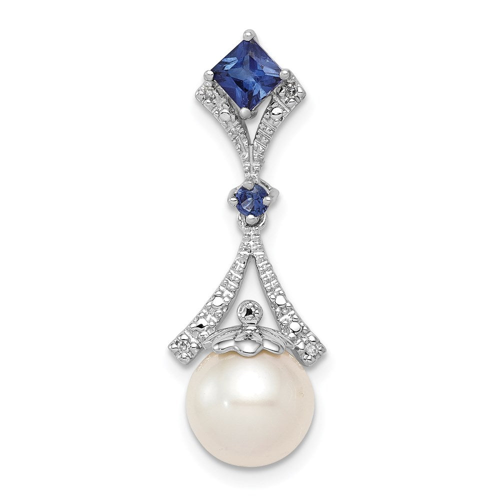 Sterling Silver Rhod Plated Dia. Created Sapphire FW Cultured Pearl Pendant, 0.015 ct, 28 x 10 mm