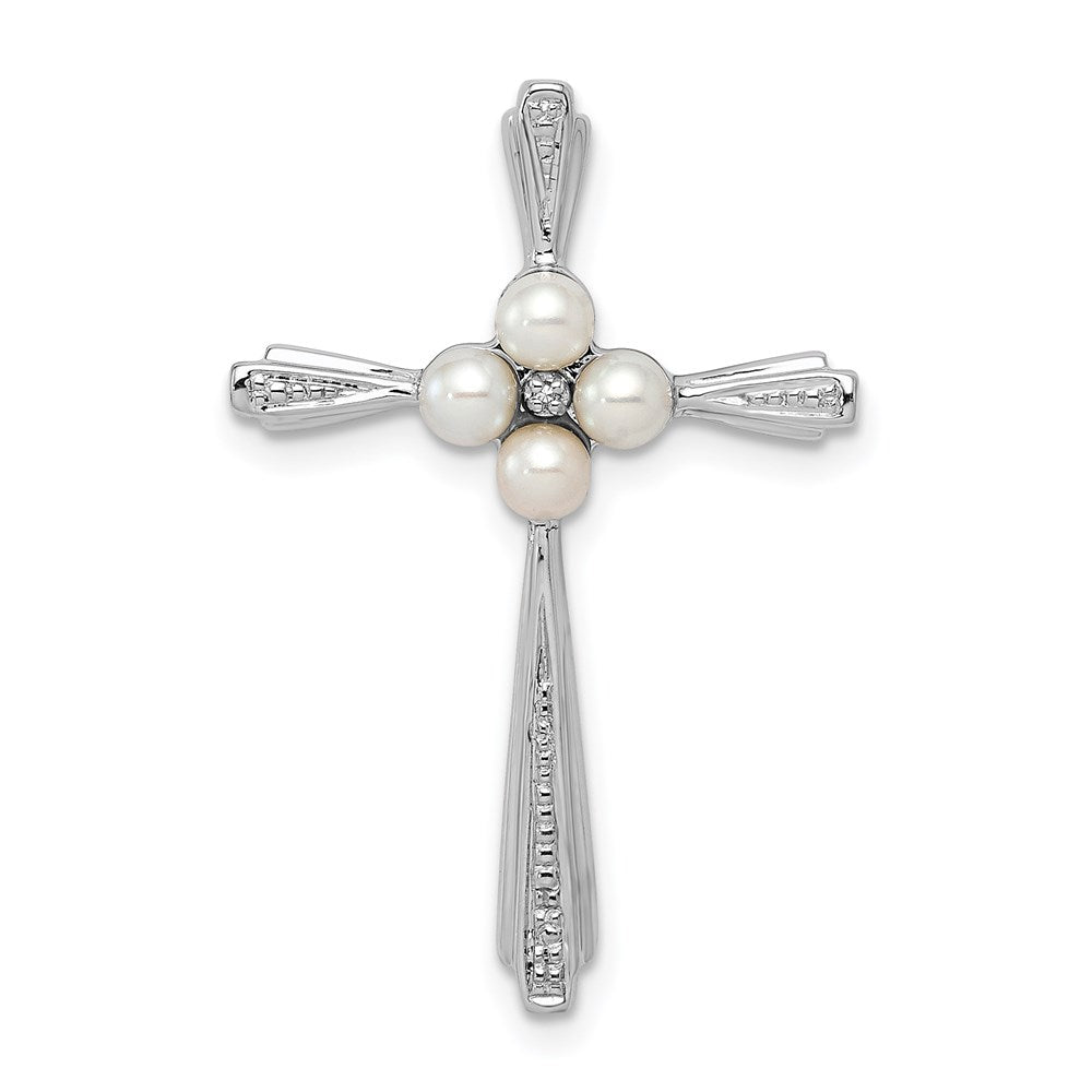 Sterling Silver Rhod Plated Diamond FW Cultured Pearl Cross Pendant, 0.007 ct, 30 x 20 mm