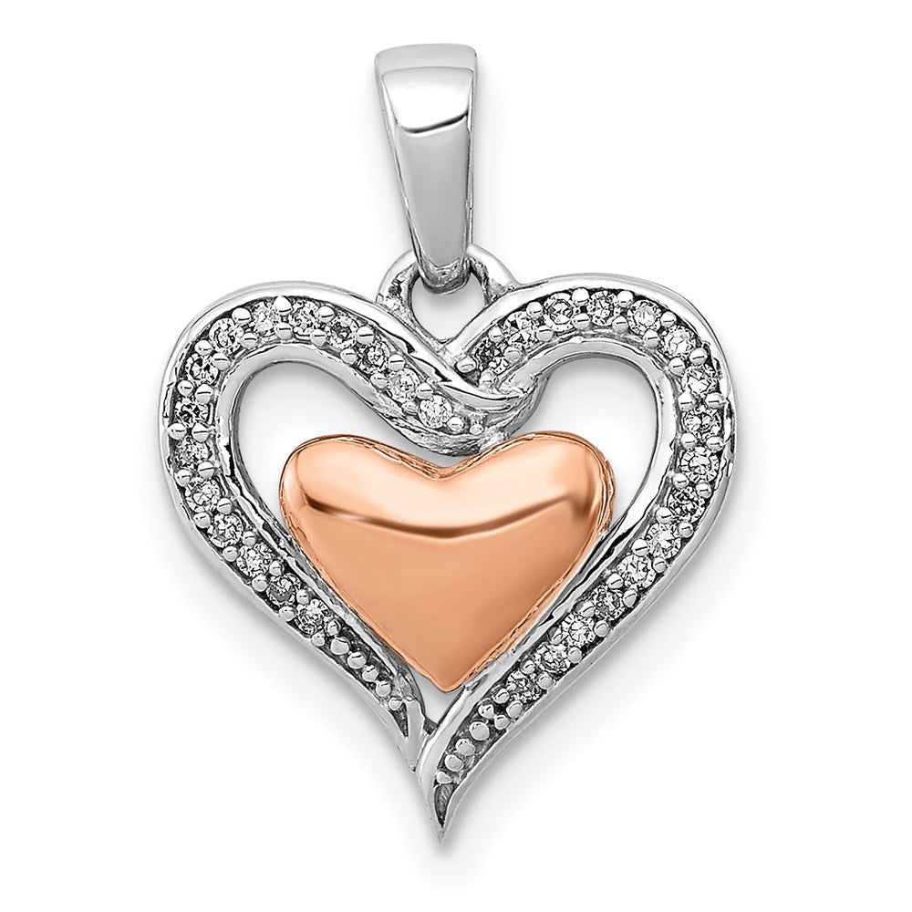Sterling Silver Rhodium & 14K Rose Gold Diamond Heart Pendant, 0.093 ct, 19 x 14 mm