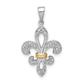 Sterling Silver Rhod-Plated with 14K Diamond Fleur De Lis Pendant, 0.103 ct, 26 x 14 mm