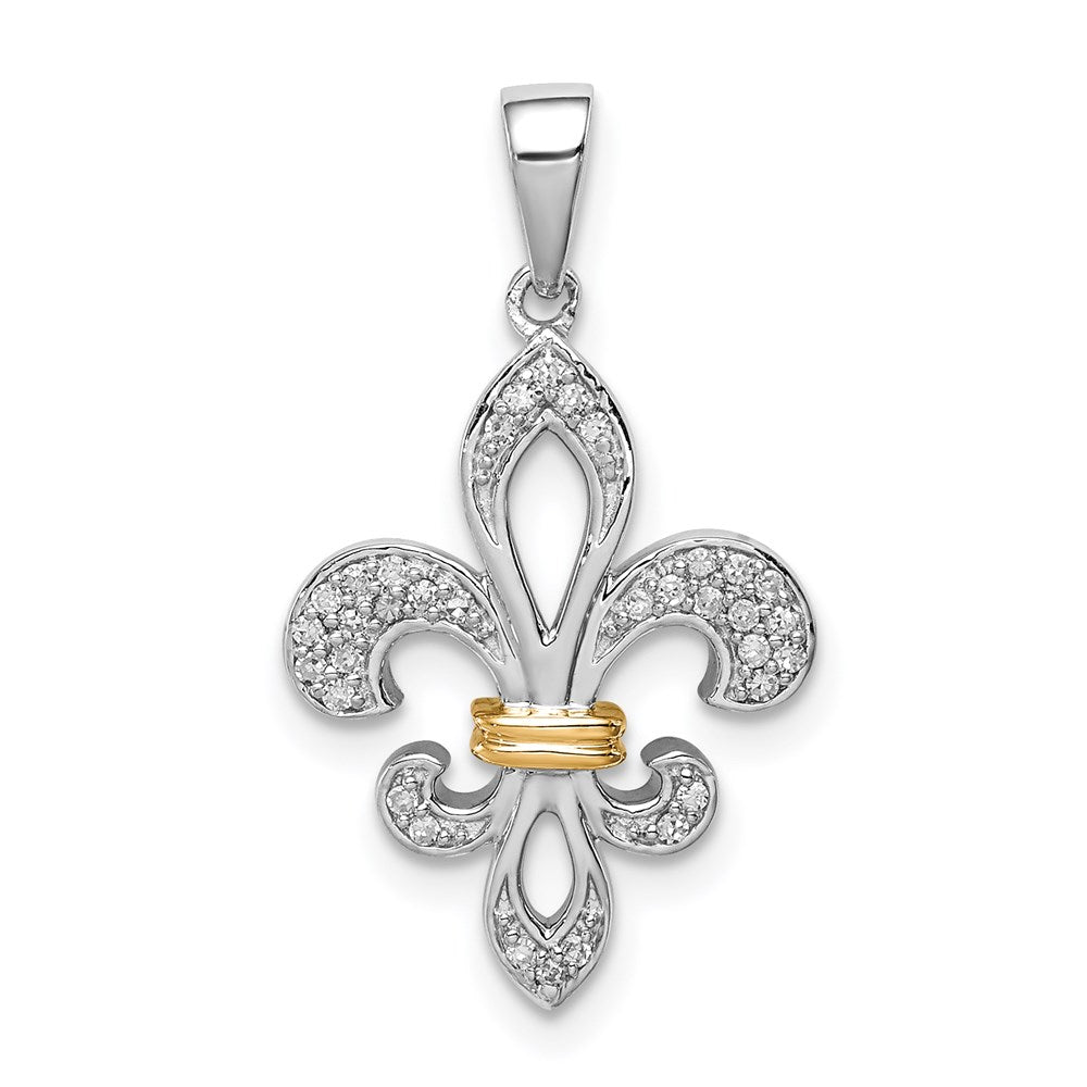 Sterling Silver Rhod-Plated with 14K Diamond Fleur De Lis Pendant, 0.103 ct, 26 x 14 mm