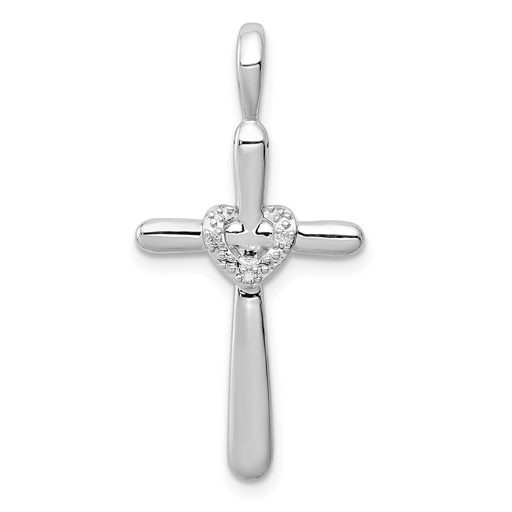 Sterling Silver Rhodium & Diam. Cross with Heart Pendant, 0.009 ct, 29 x 15 mm