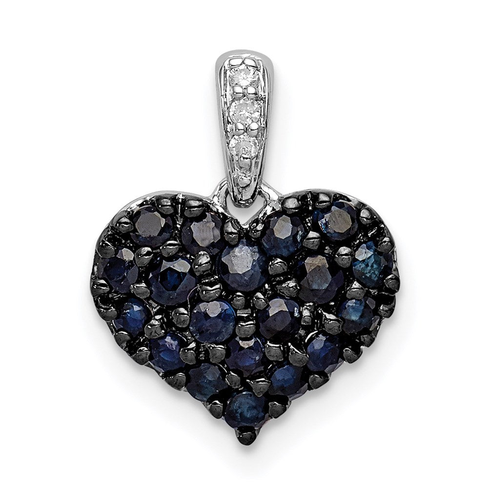 Sterling Silver Rhodium Diam. & Sapphire Heart Pendant, 0.863 ct, 14 x 11 mm