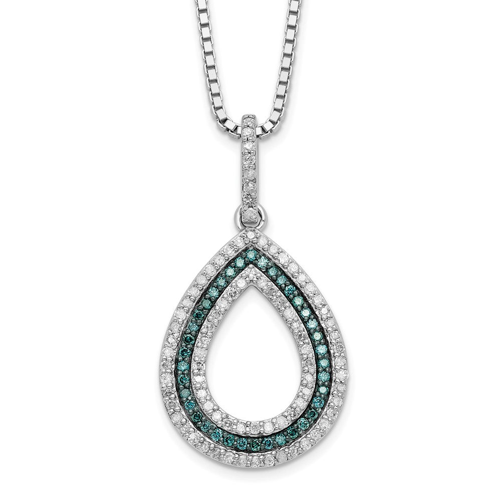 White Night Sterling Silver Rhodium-plated Blue and White Diamond Teardrop 18 Inch Necklace with 2 Inch Extender, 0.366 ct, 18 x 14.5 mm