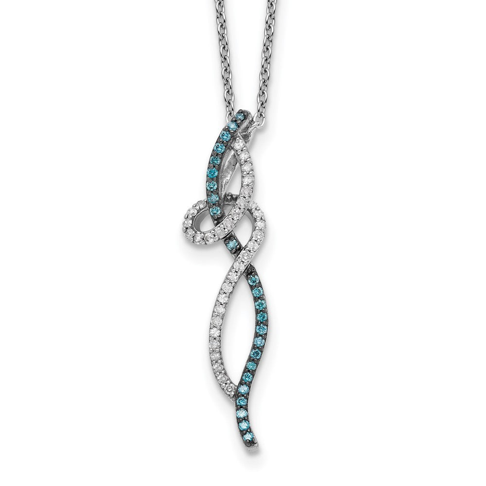 White Night Sterling Silver Rhodium-plated Swirl White and Blue Diamond 18 inch Necklace with 2 Inch Extender, 0.285 ct, 18 x 9 mm