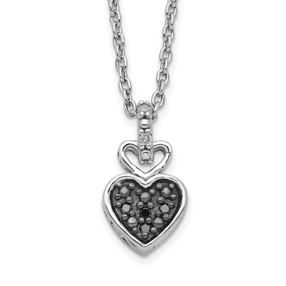 White Night Sterling Silver Rhodium-plated White and Black Diamond Heart 18 Inch Necklace with 2 Inch Extender, 0.048 ct, 18 x 8.5 mm