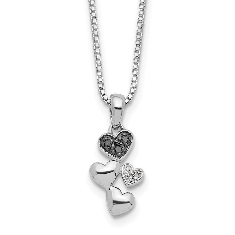 White Night Sterling Silver Rhodium-plated White and Black Diamond Heart 18 Inch Necklace with 2 Inch Extender, 0.033 ct, 18 x 9 mm