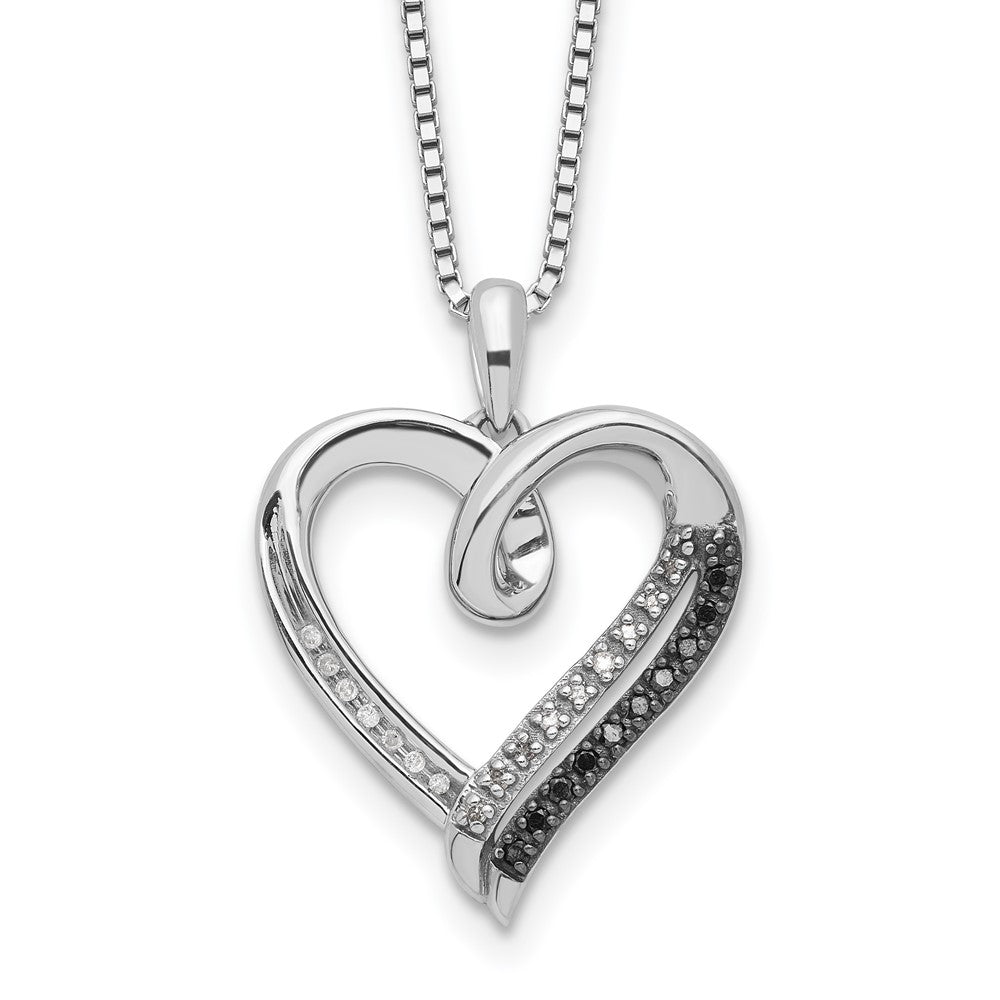 White Night Sterling Silver Rhodium-plated Black and White Diamond Heart 18 Inch Necklace with 2 Inch Extender, 0.108 ct, 18 x 19 mm