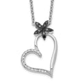 White Night Sterling Silver Rhodium-plated Black and White Diamond Heart with Flower 18 Inch Necklace with 2 Inch Extender, 0.17 ct, 18 x 13.25 mm