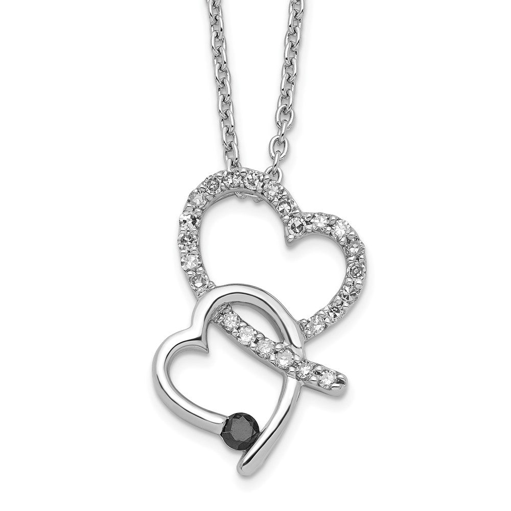 White Night Sterling Silver Rhodium-plated Black and White Diamond Double Heart 18 Inch Necklace with 2 Inch Extender, 0.249 ct, 18 x 13 mm