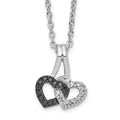 White Night Sterling Silver Rhodium-plated Black and White Diamond Double Heart 18 Inch Necklace with 2 Inch Extender, 0.1 ct, 18 x 11 mm