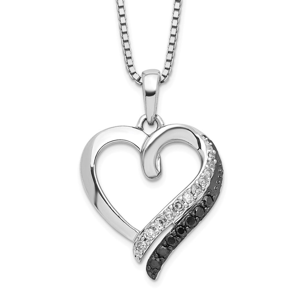 White Night Sterling Silver Rhodium-plated Black and White Diamond Heart Necklace with 2 Inch Extender, 0.198 ct, 18 x 19 mm