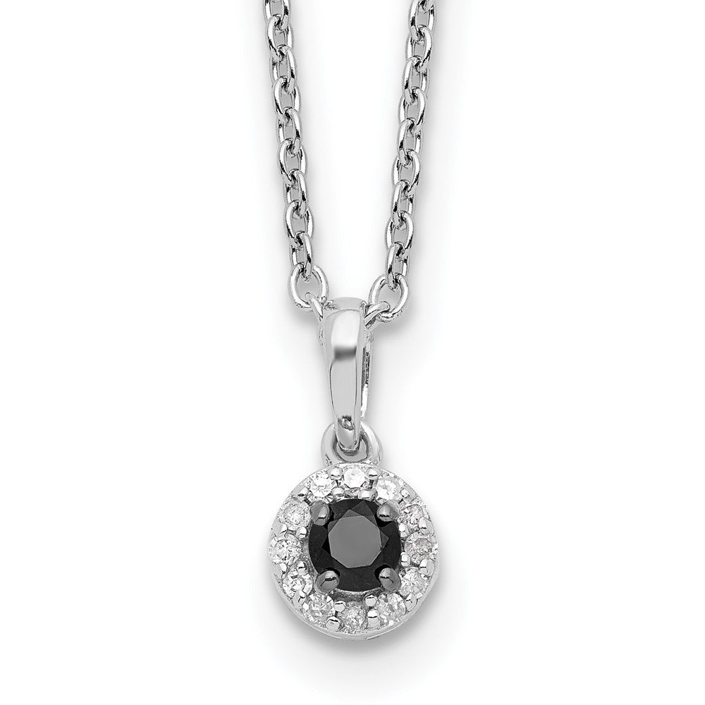 White Night Sterling Silver Rhodium-plated Black and White Diamond Circle Pendant 18 Inch Necklace with 2 Inch Extender, 0.189 ct, 18 x 6 mm