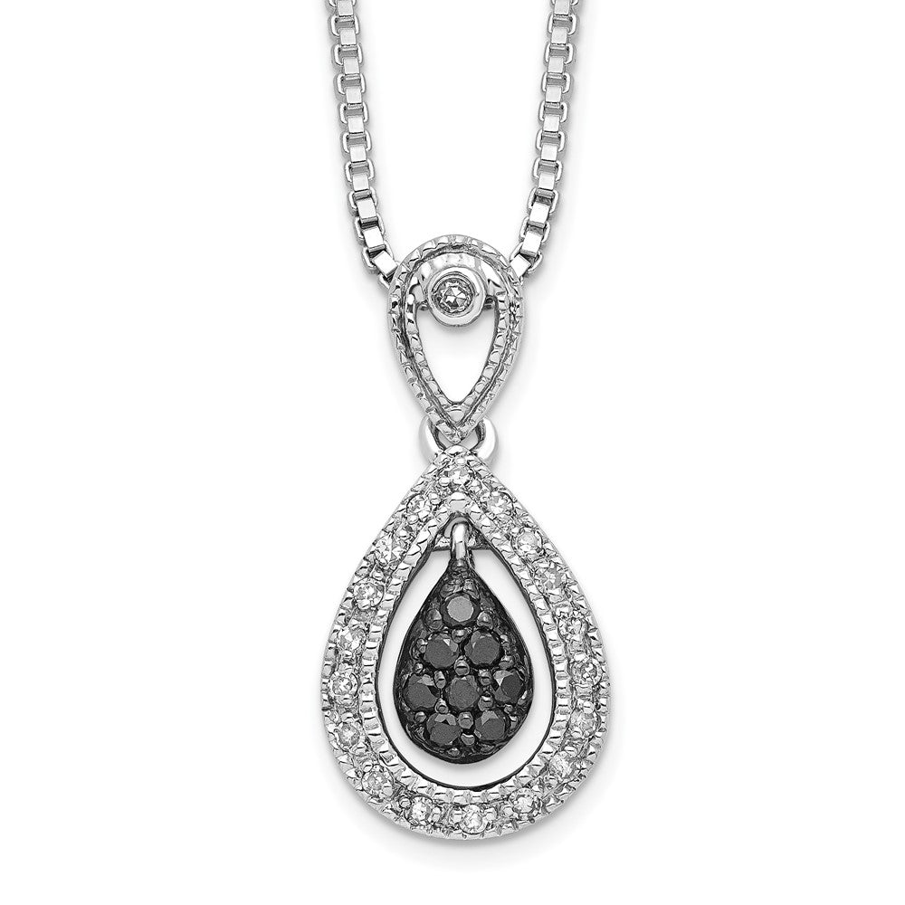 White Night Sterling Silver Rhodium-plated Black with White Diamond Double Teardrop 18 Inch Necklace with 2 Inch Extender, 0.183 ct, 18 x 10 mm