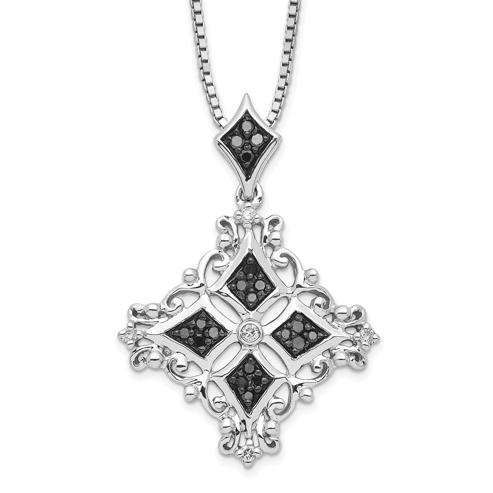 White Night Sterling Silver Rhodium-plated Black and White Diamond 18 Inch Necklace with 2 Inch Extender, 0.245 ct, 18 x 23 mm