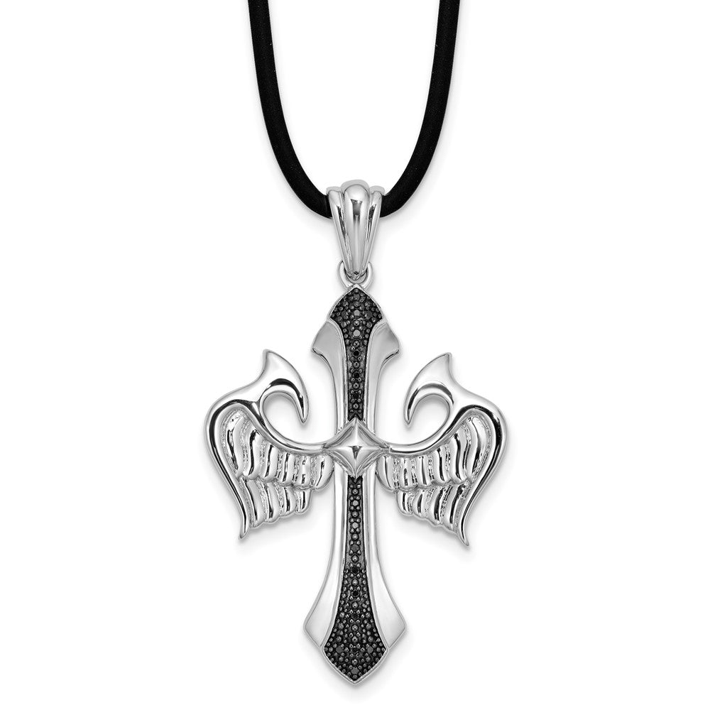 White Night Sterling Silver Rhodium-plated Black Diamond Cross and Wings Pendant 18 Inch Rubber Cord Necklace, 0.09 ct, 18 mm