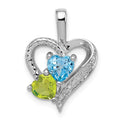 Sterling Silver Rhodium-plated Blue Topaz Peridot Diamond Pendant, 0.87 ct, 20 x 15 mm