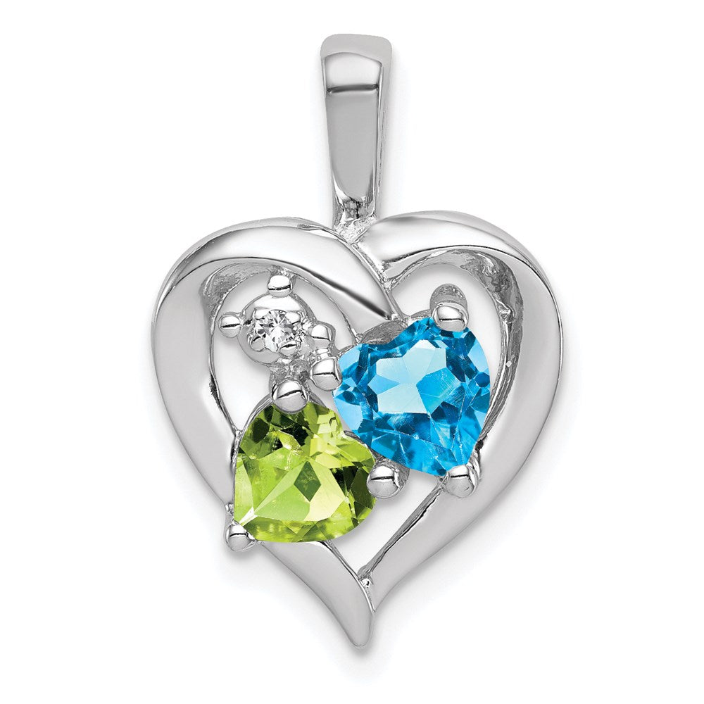 Sterling Silver Rhodium-plated Blue Topaz Peridot Diamond Pendant, 0.87 ct, 22 x 14 mm