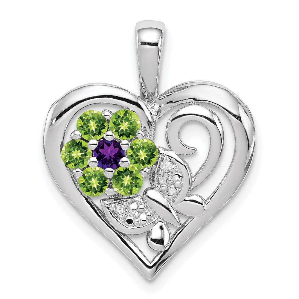 Sterling Silver Rhodium-plated Amethyst and Peridot Diamond Pendant, 0.48 ct, 24 x 19 mm