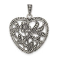 Sterling Silver Polished & Antiqued Marcasite Floral Heart Pendant, 32.4 x 25.7 mm