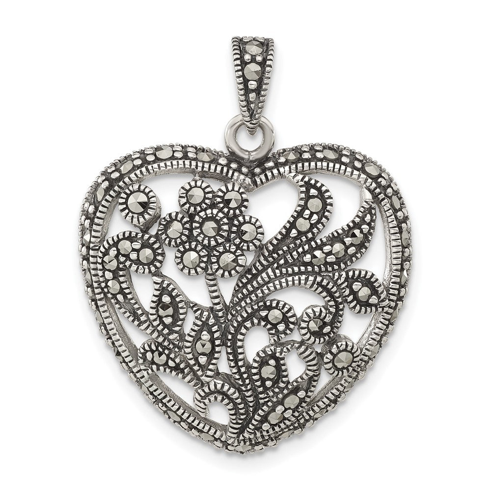 Sterling Silver Polished & Antiqued Marcasite Floral Heart Pendant, 32.4 x 25.7 mm