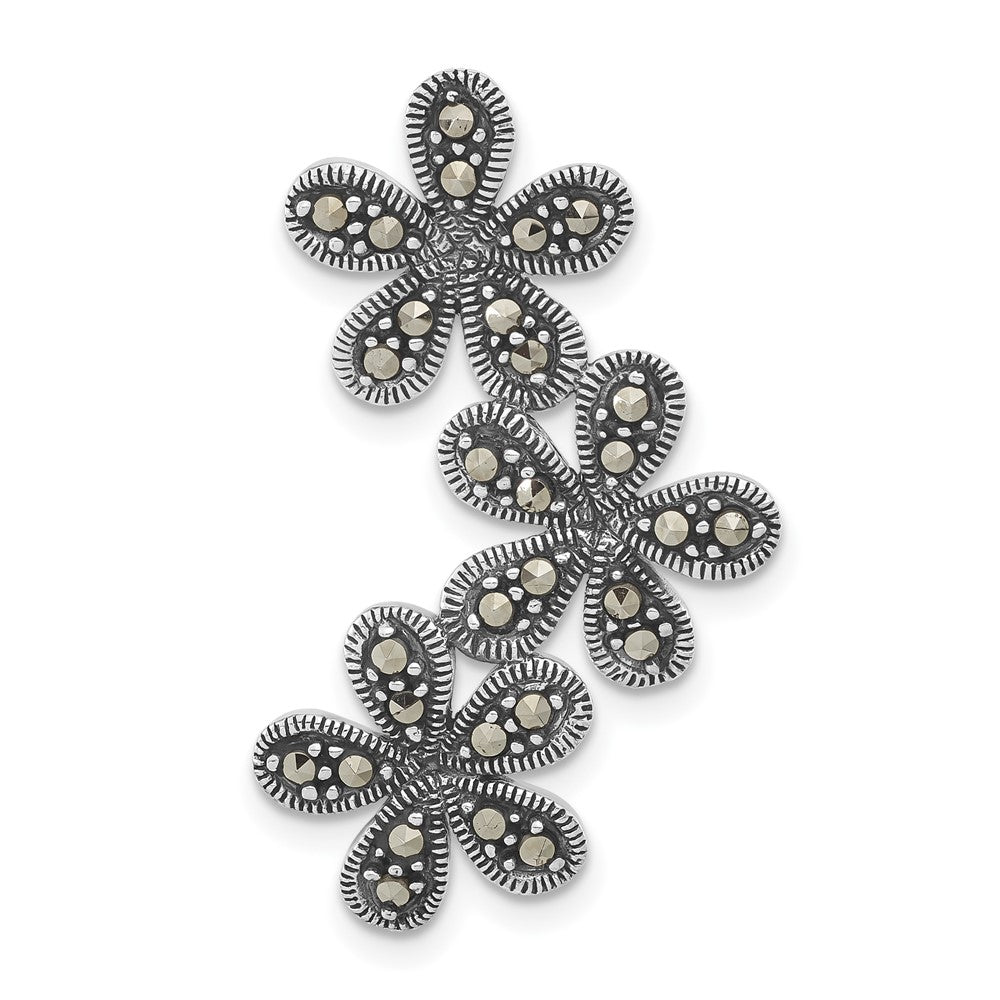 Sterling Silver Antiqued Marcasite Flower Chain Slide Pendant, 32.85 x 19.4 mm