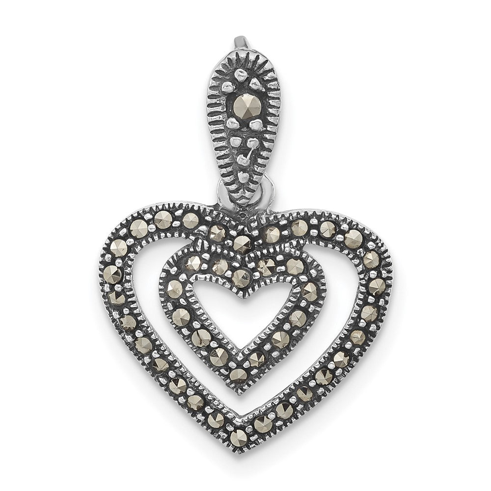Sterling Silver Polished & Antiqued Marcasite Heart Pendant, 23.4 x 16.4 mm