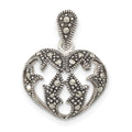 Sterling Silver Antiqued Marcasite Heart Pendant, 20.85 x 16 mm