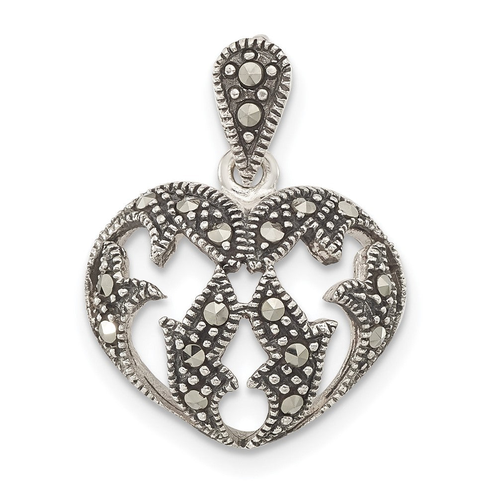 Sterling Silver Antiqued Marcasite Heart Pendant, 20.85 x 16 mm
