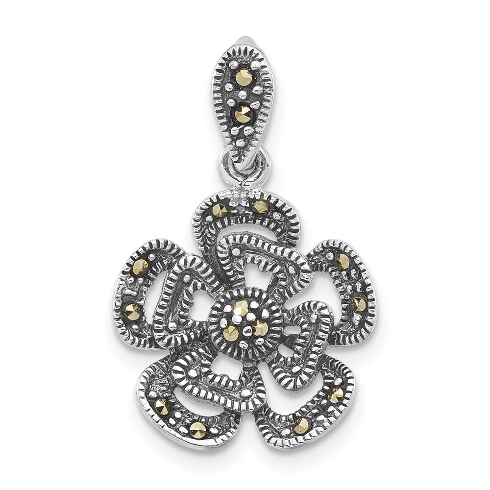Sterling Silver Polished & Antiqued Marcasite Flower Pendant, 24.9 x 16 mm
