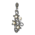 Sterling Silver Antiqued Marcasite & Freshwater Cultured Pearl Floral Slide Pendant, 38.7 x 16.3 mm