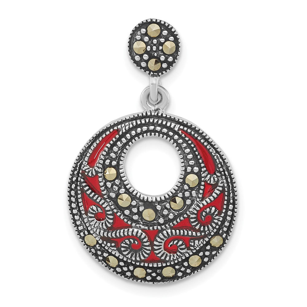 Sterling Silver Antiqued Marcasite & Red Epoxy Circle Slide Pendant, 30 x 19.1 mm