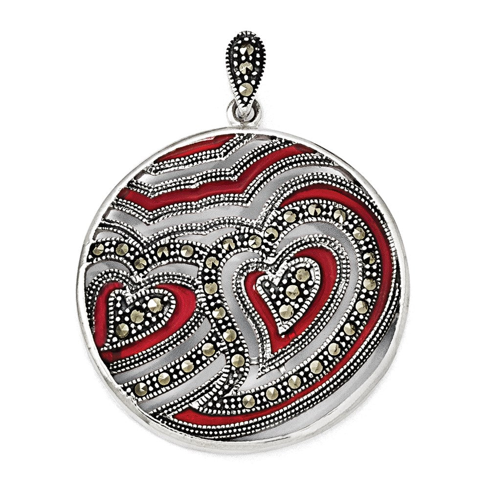 Sterling Silver Marcasite & Red Epoxy Heart Pendant, 31 x 31 mm