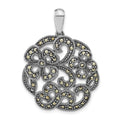 Sterling Silver Polished & Antiqued Marcasite Flower Pendant, 38 x 28.75 mm