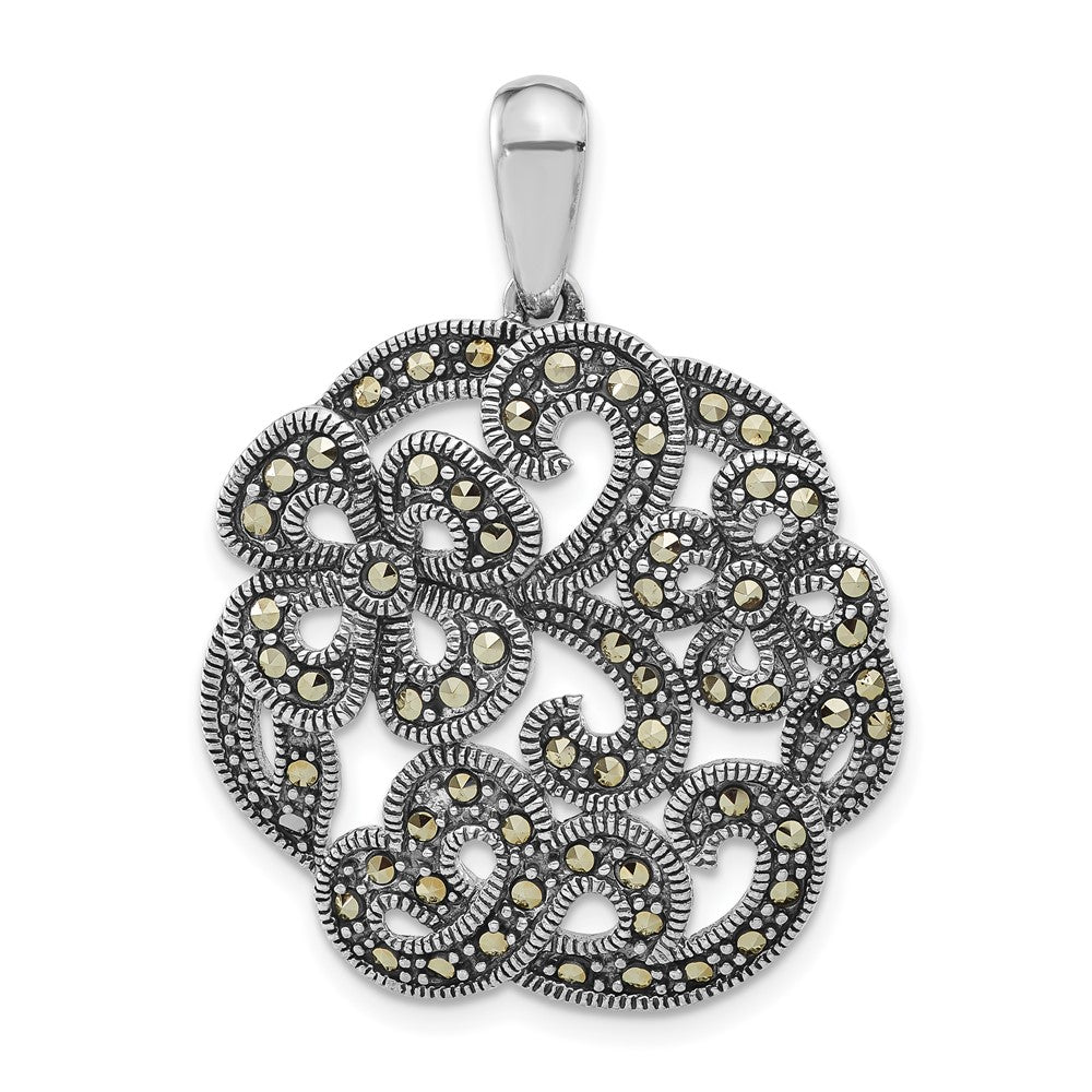 Sterling Silver Polished & Antiqued Marcasite Flower Pendant, 38 x 28.75 mm