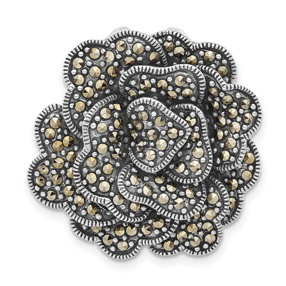 Sterling Silver Antiqued Marcasite Flower Chain Slide Pendant, 26.15 x 27 mm