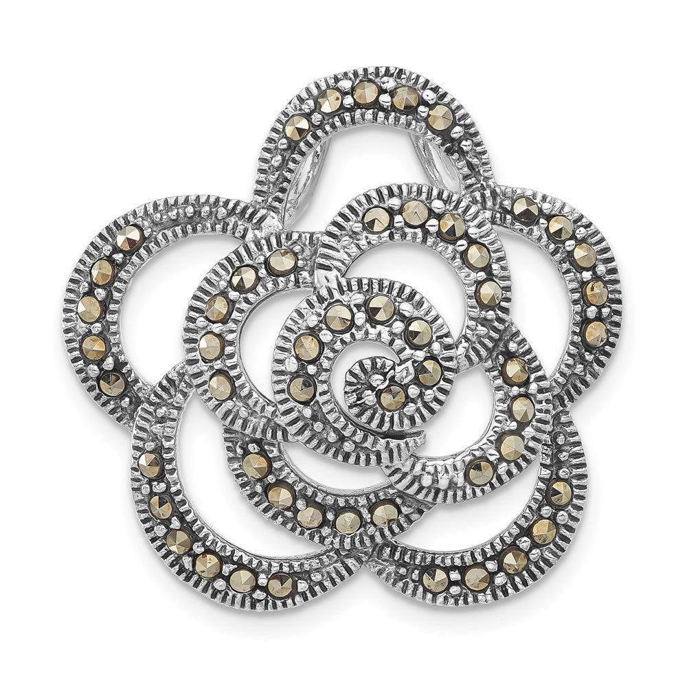 Sterling Silver Antiqued Marcasite Flower Chain Slide Pendant, 27.55 x 28.3 mm