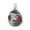 SS Black Rhodium Blue/Grn Glass Lt & Drk Synth. Ruby & CZ Pendant, 24 x 20 mm