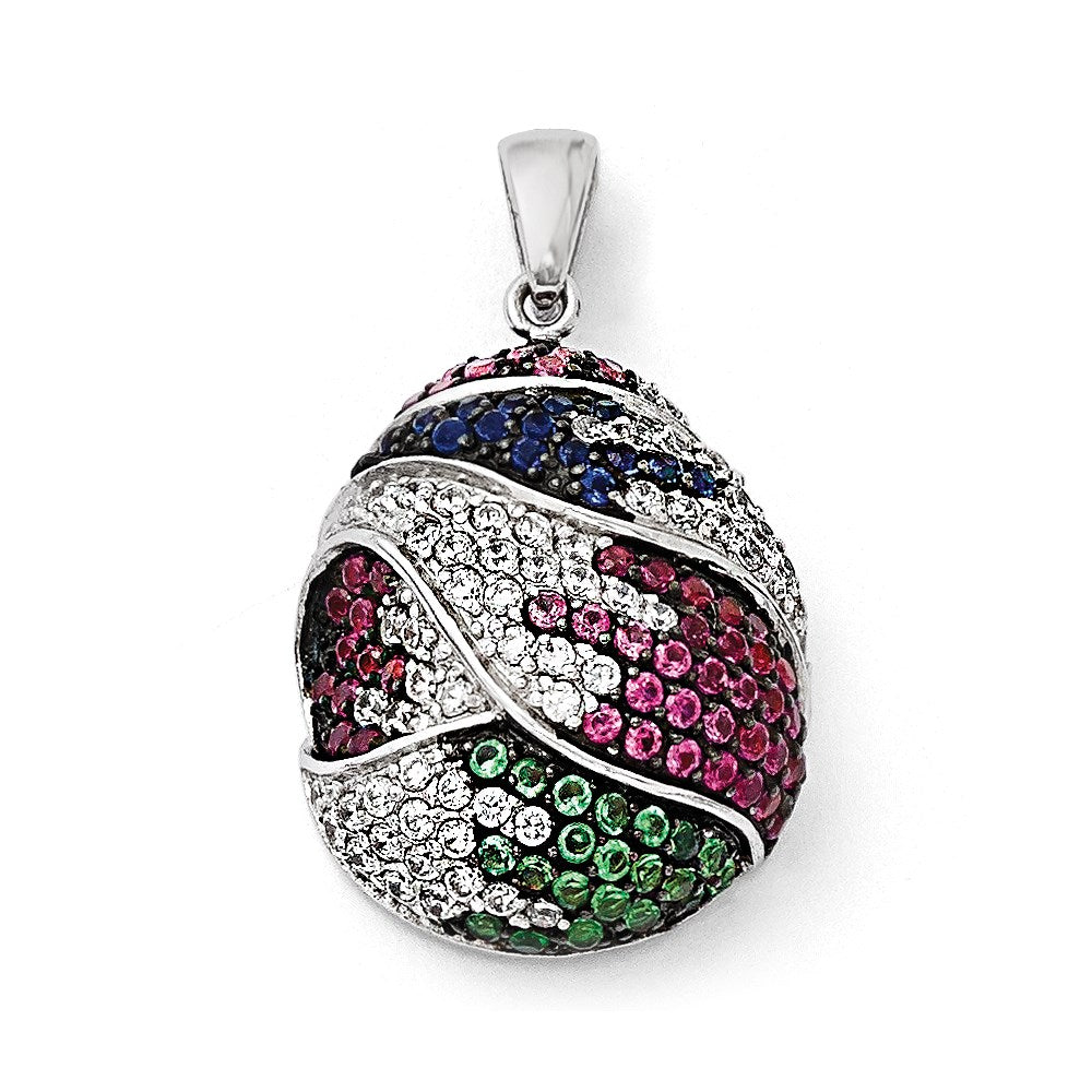 SS Black Rhodium Blue/Grn Glass Lt & Drk Synth. Ruby & CZ Pendant, 24 x 20 mm